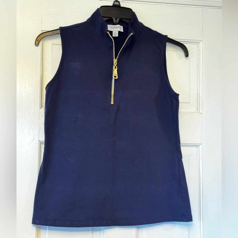Carmen Marc Valvo Navy Sleeveless Mock-Neck Tank with Gold Zip